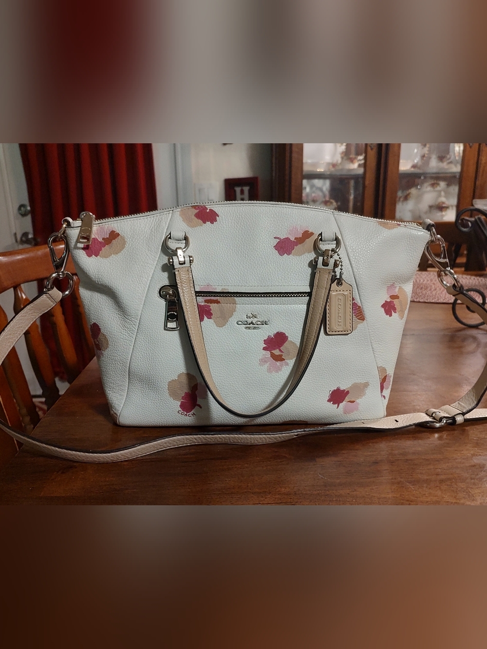 Coach White Floral Pebbled Leather Satchel